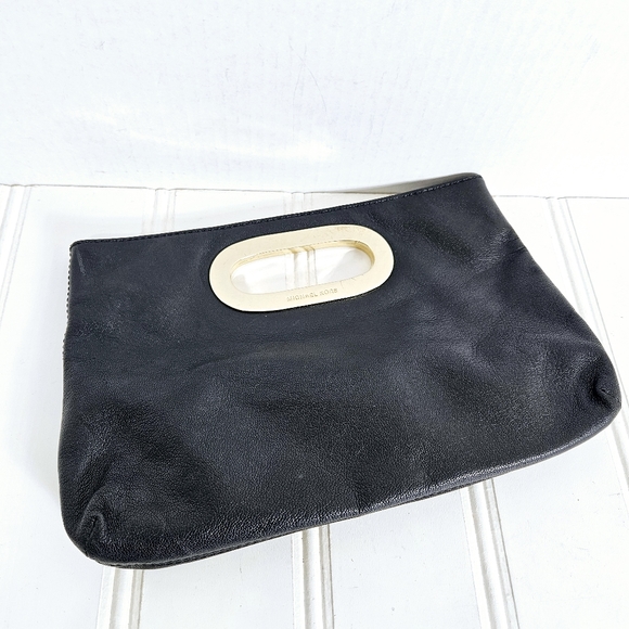 Michael Kors Berkley Black Leather Clutch Purse Gold Hardware Evening Handbag - Picture 1 of 15